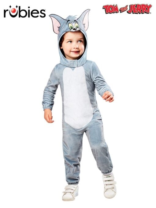 official Tom costume with grey hooded jumpsuit featuring Tom's face and ears from Tom and Jerry.