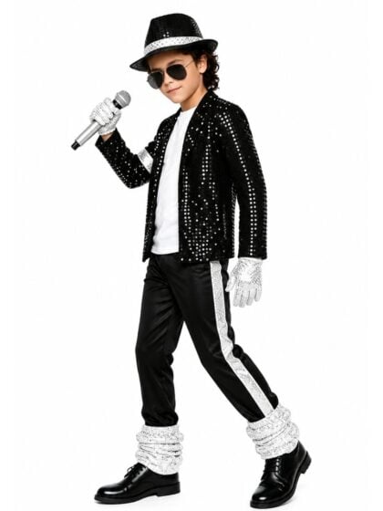Michael Jackson Kids Costume black sequin pop star costume with fedora hat, jacket, gloves and microphone inspired by an iconic 80s performer.