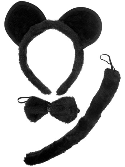 Black mouse costume set with plush mouse ears headband, bow tie and tail for Book Week, Halloween and dress-up.