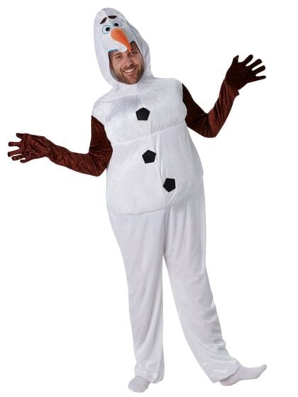official Disney Frozen Snowman Olaf costume with padded white jumpsuit and character hood.