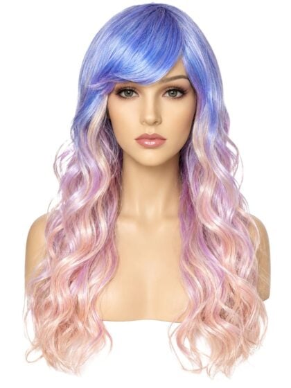 Long pastel ombre wig with blue, pink and lavender wavy hair