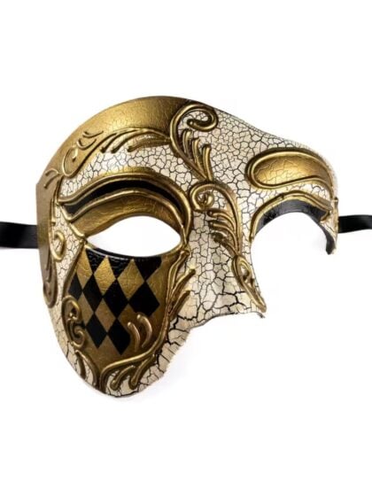Gold and ivory Venetian style Phantom Mask half face masquerade mask with ornate detailing and black ribbon ties