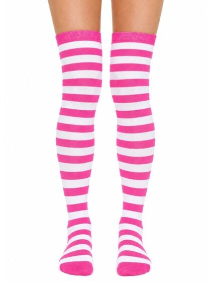 Thigh High Pink and white striped socks featuring bold horizontal stripes and a comfortable stretch fit.