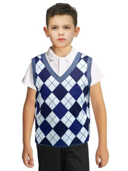 Boys Plaid Sweater Vest in blue argyle diamond print