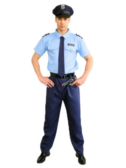 police officer costume with blue uniform shirt, trousers, tie and police hat.