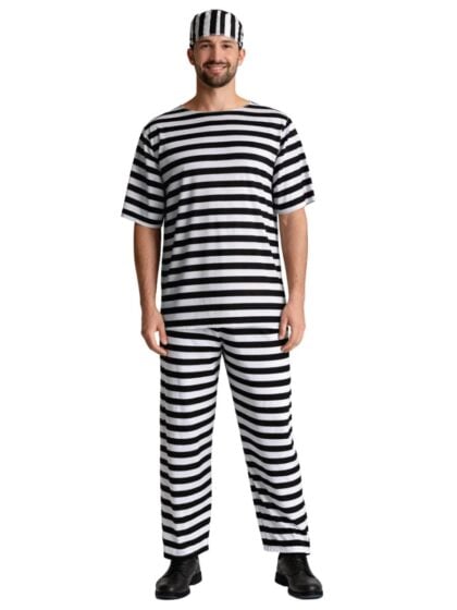 Adult prisoner costume with black and white striped shirt, trousers and matching cap