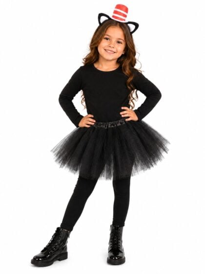 Black Silly cat costume set with cat ears headband featuring a red striped mini hat and matching black tutu skirt.