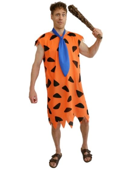 Adult Stone Age costume with orange caveman tunic, blue necktie and prehistoric club.