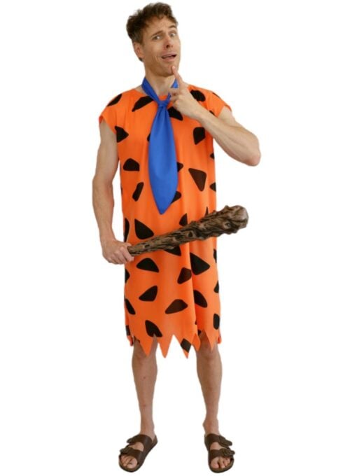 Adult Stone Age costume with orange caveman tunic, blue necktie and prehistoric club.