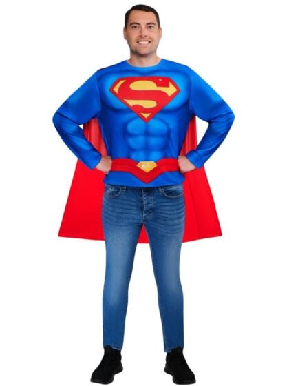 official Superman costume shirt with attached red cape and printed muscle chest.
