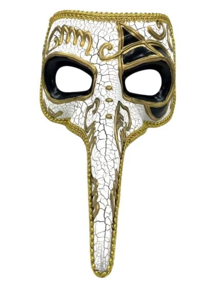 White and gold Venetian plague doctor mask with long beak, black eye surrounds and gold decorative detailing