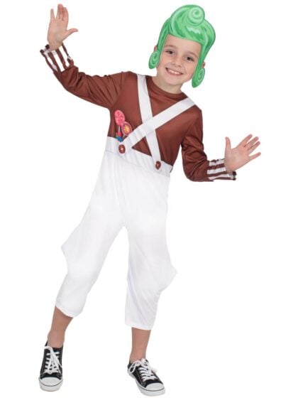 official Kids Oompa Loompa costume with white overalls, brown top and green wig.