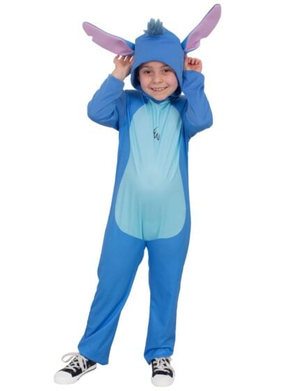 official Disney Kids Stitch costume with blue jumpsuit and character hood featuring large ears.