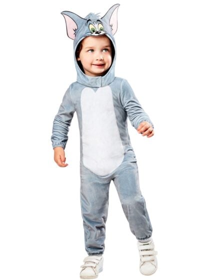 official Kids Tom costume with grey hooded jumpsuit featuring Tom's face and ears from Tom and Jerry.