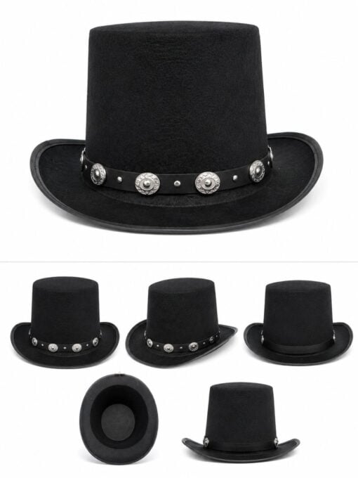 Black rocker top hat with silver concho band inspired by 80s rock style.