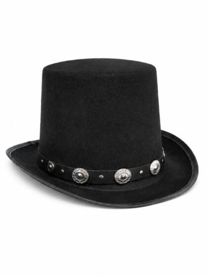 Black rocker top hat with silver concho band inspired by 80s rock styl