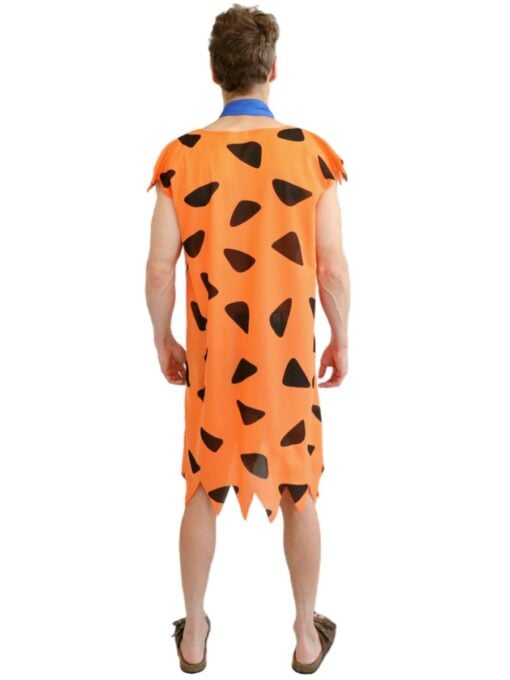 Adult Stone Age costume with orange caveman tunic, blue necktie back view