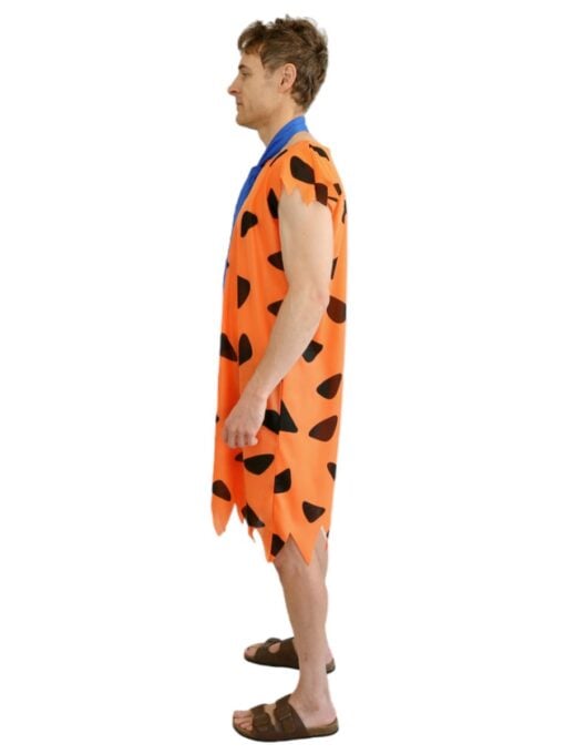 Adult Stone Age costume with orange caveman tunic, blue necktie side view