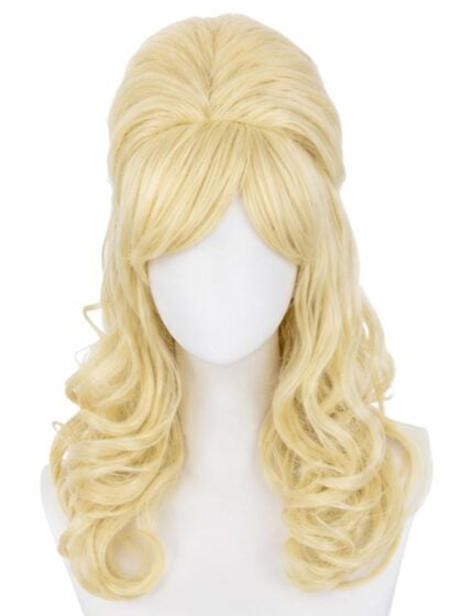 Blonde beehive wig with a voluminous bouffant hairstyle and long soft curls