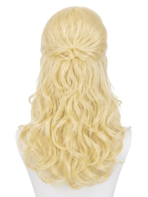 Blonde beehive wig with a voluminous bouffant hairstyle and long soft curls back view
