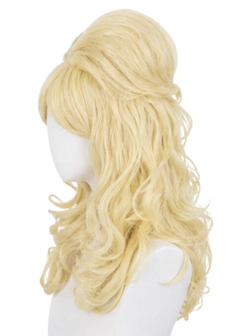 Blonde beehive wig with a voluminous bouffant hairstyle and long soft curls side view