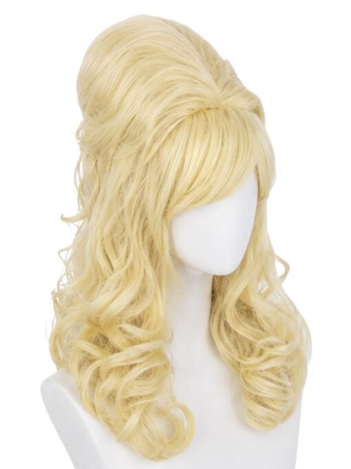 Blonde beehive wig with a voluminous bouffant hairstyle and long soft curls side view