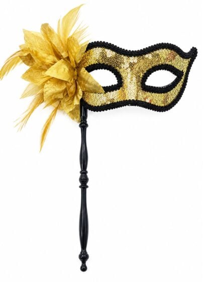 gold sequin mask on stick with feathers and large flower