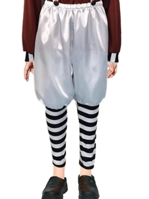 Kids Chocolate Factory Costume white satin style pants with striped black and white leggings