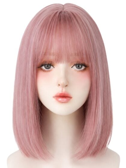Dusty rose pink shoulder-length straight bob wig with full fringe