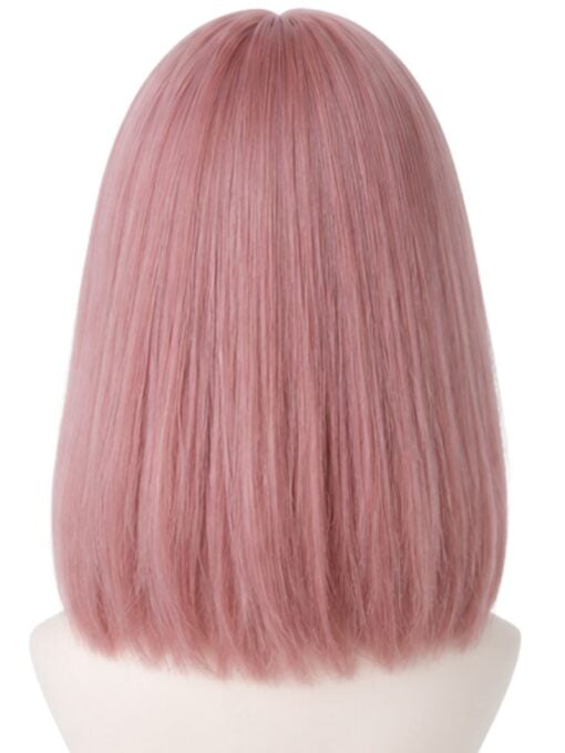 Dusty rose pink shoulder-length straight bob wig with full fringe back view