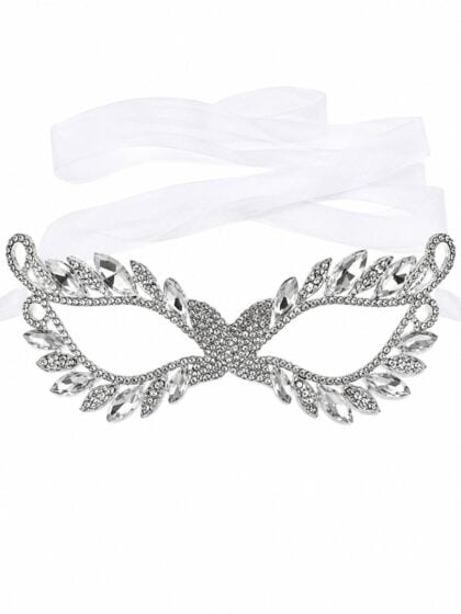 Silver crystal masquerade mask with rhinestone leaf design