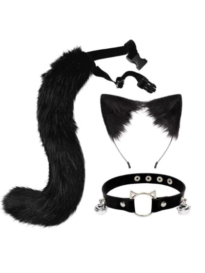 Furry Black Cat Set with tail ears and collar