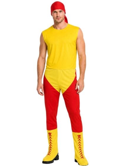 Hulk Hogan costume with all in one yellow and red jumpsuit, attached boot covers and red bandana