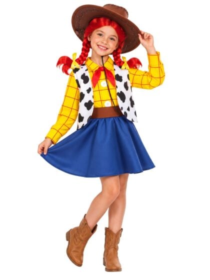 Girls toy Jessie cowgirl costume with yellow shirt, cow print vest and blue skirt