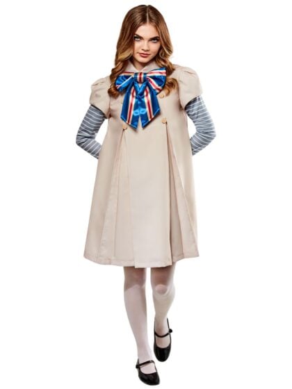 Women’s M3GAN costume with beige dress, striped sleeves and bow