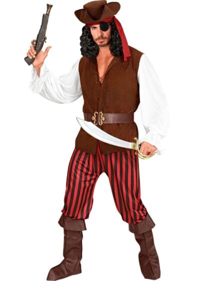Widmann striped pirate costume for men with red and black pants and brown vest