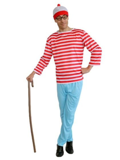 Adult Wheres Wally costume with red and white striped shirt, blue trousers, glasses and beanie