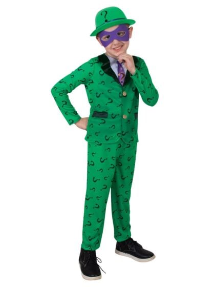 boys Riddler costume with green question mark jacket and trousers, bowler hat and mask