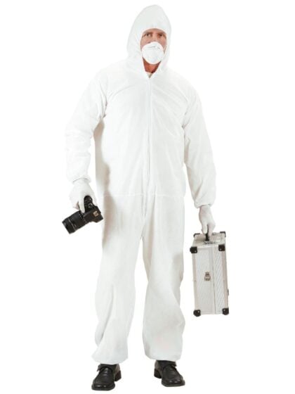 crime scene investigator costume with white hooded zip-up jumpsuit, mask and gloves