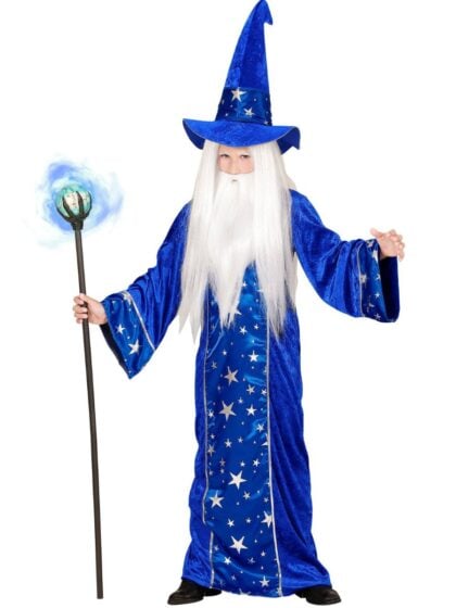 kids blue wizard costume with pointed hat and long star print robe