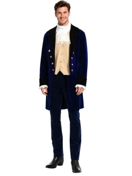 mens Regency costume with navy blue jacket, beige waistcoat and neck ruffle for bridgerton and histocal costumes