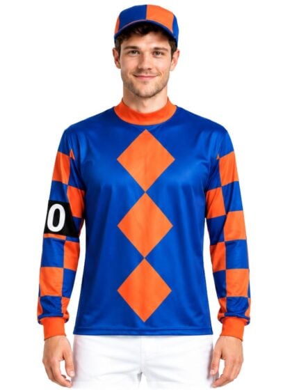mens jockey costume with blue and orange print
