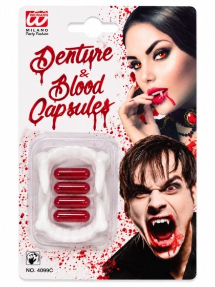 white vampire teeth with blood capsules