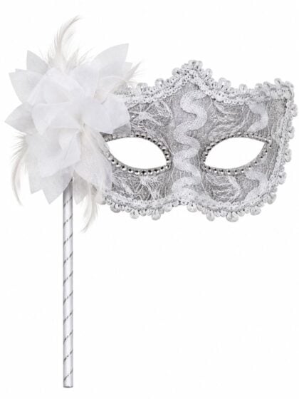 white masquerade mask on stick