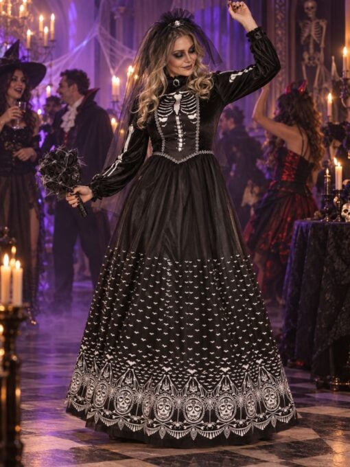 woman wearing skeleton bride costume at Hallowen party