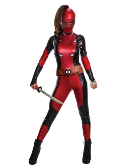 womens Deadpool costume with red and black jumpsuit and mask