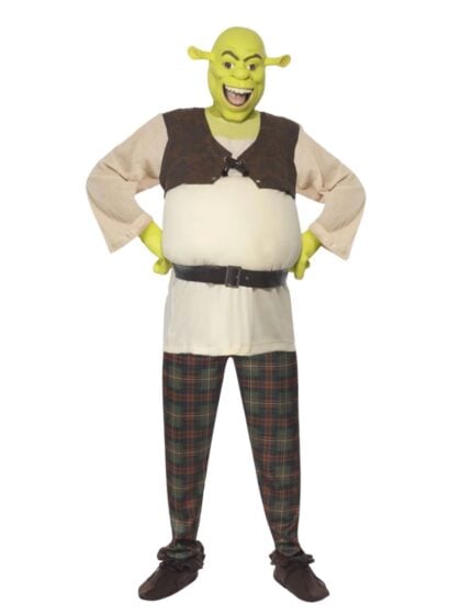 man wearing licensed Rubies Shrek costume with hands on hips